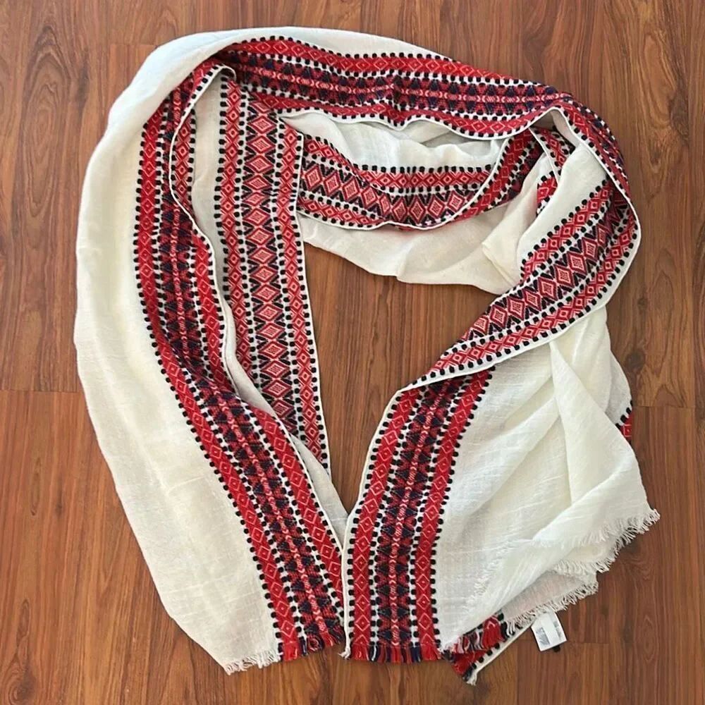 J crew XL gauze lightweight shawl scarf. Cream red navy embroidered